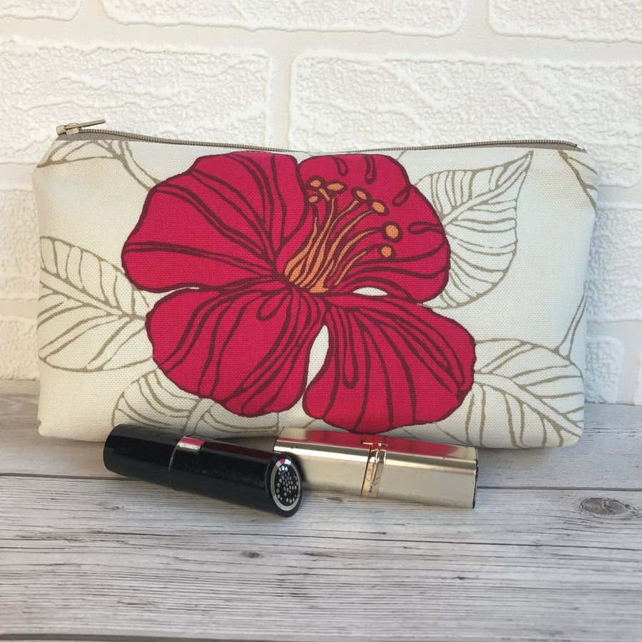 Cosmetic bag, make up bag in cream with magenta Hibiscus flower