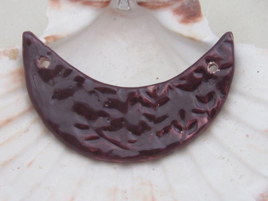 Aubergine Purple Leaf Pattern Ceramic Crescent Bib Pendant