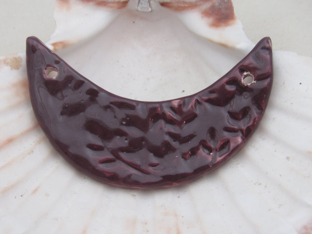 Aubergine Purple Leaf Pattern Ceramic Crescent Bib Pendant