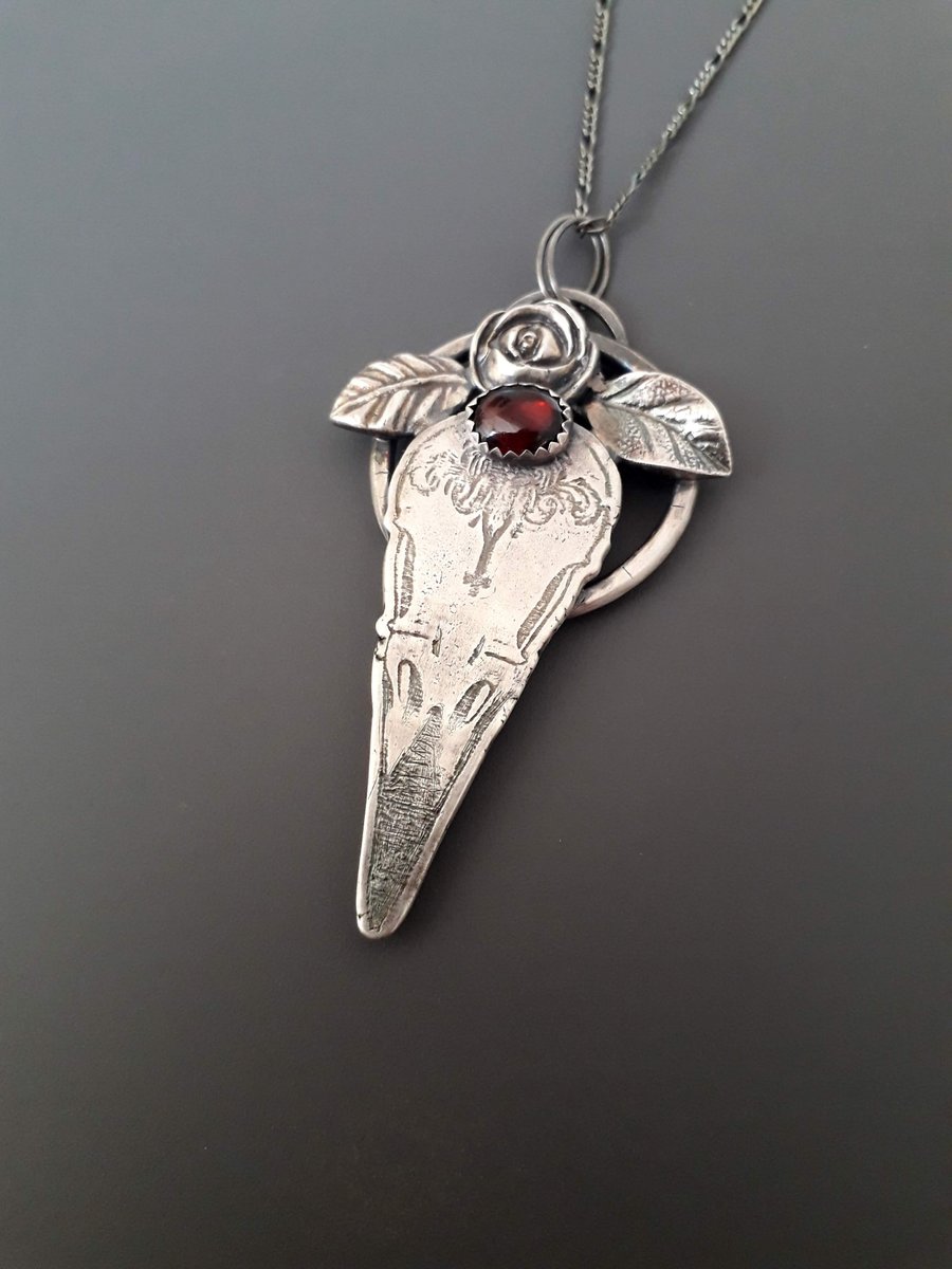 Raven Skull and Rose Silver Pendant, gothic, steampunk, biker style