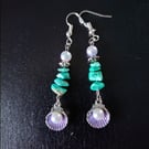 Silver and purple scallop shell dangle earrings with crystal chips 