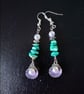 Silver and purple scallop shell dangle earrings with crystal chips 