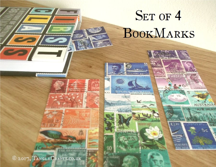 Set of 4 Postage Stamp Bookmarks - Printed Collage Designs, abstract landscape  