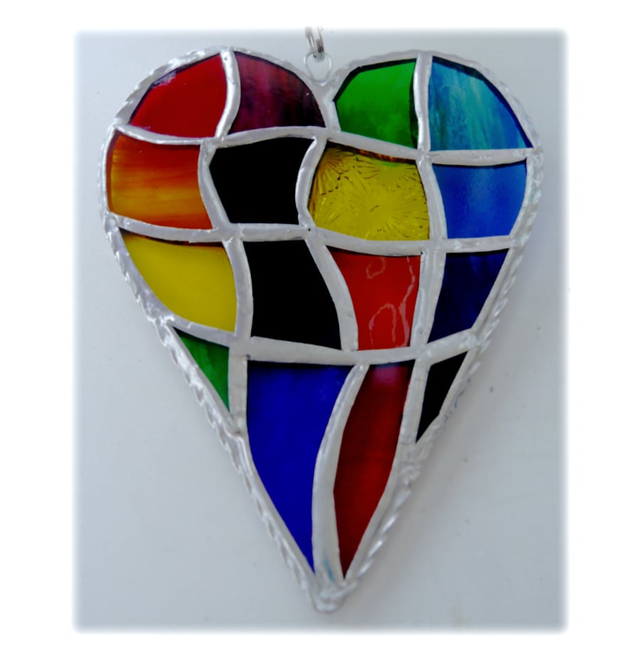 Patchwork Heart Suncatcher Stained Glass Handmade Rainbow 034