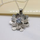 Double flower necklace sterling silver textured CZ sparkle