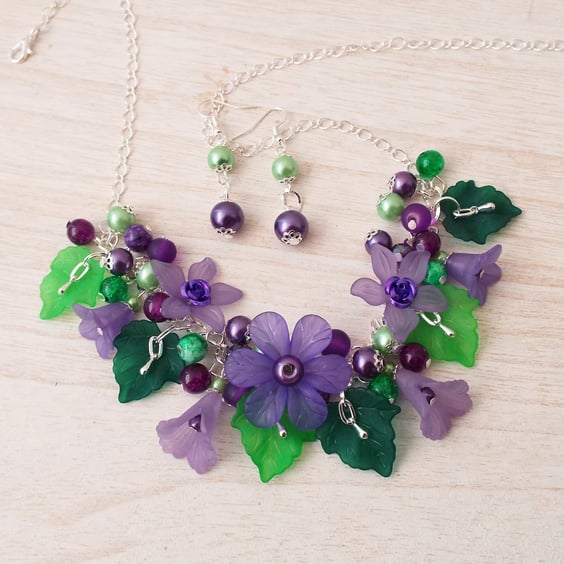 Purple Violet Lucite Flower & Glass Bead Necklace & Earrings Jewellery Set