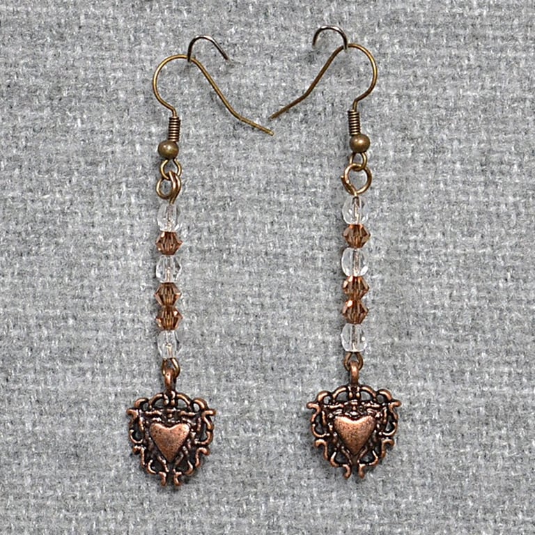 Ornate Copper Heart Charm Earrings with Brown and Clear Crystals