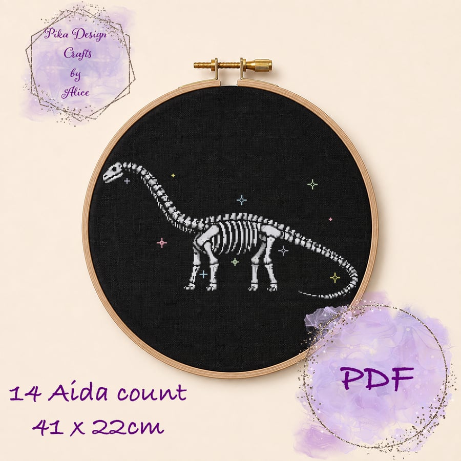 Diplodocus fossil counted cross stitch pattern