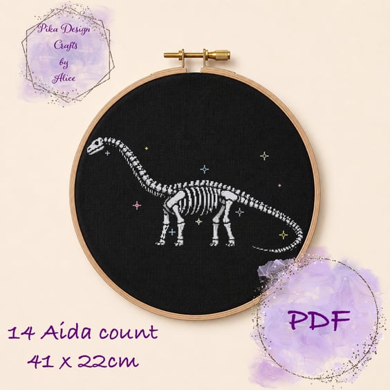 Diplodocus fossil counted cross stitch pattern