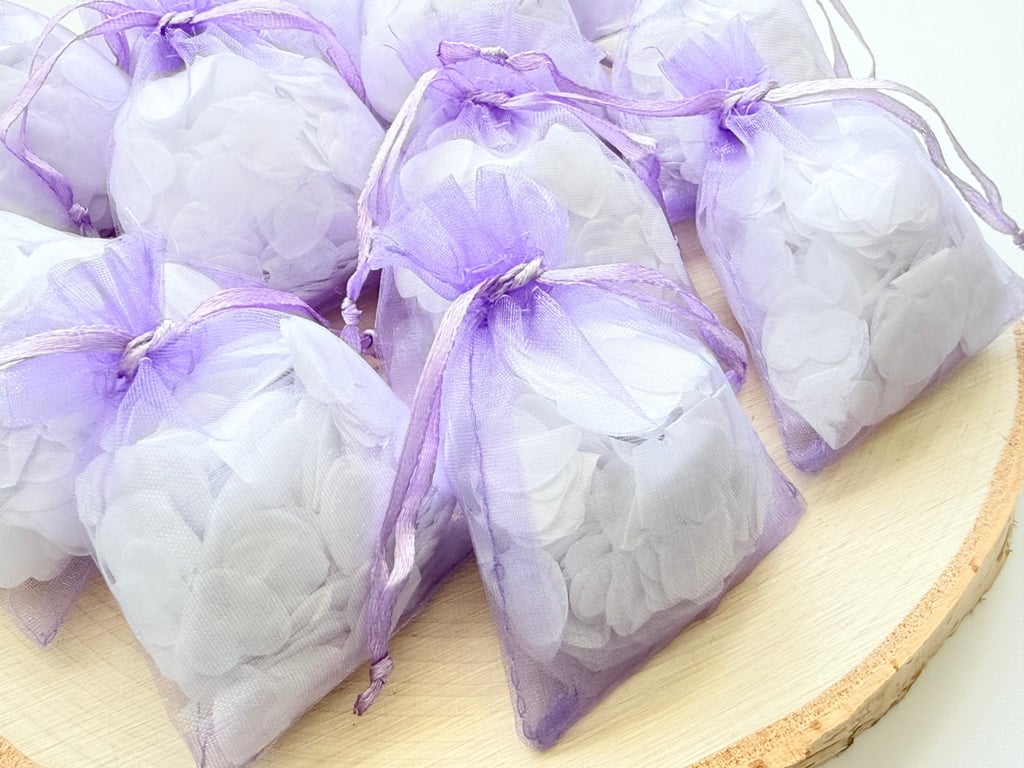White Biodegradable Heart Confetti, Purple Bags Wedding Toss Eco Send Off Decor