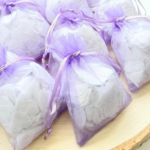 White Biodegradable Heart Confetti, Purple Bags Wedding Toss Eco Send Off Decor