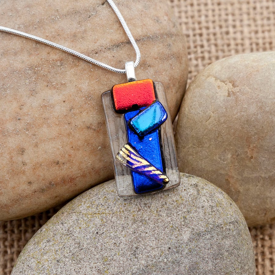 Primary Colours Textured Abstract Fused Glass Dichroic Pendant