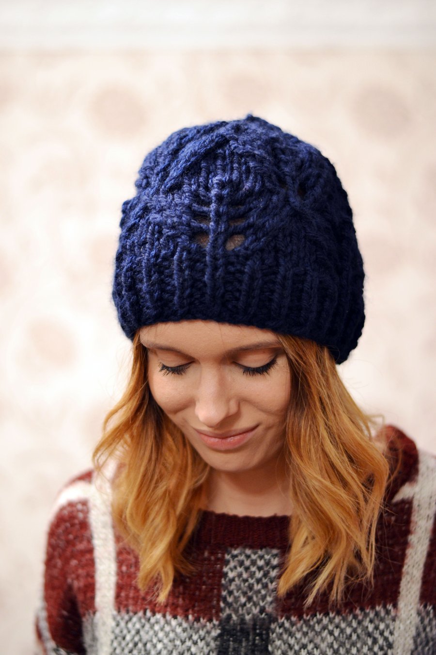 Hat Navy Womens Super Chunky Diamond Pattern Knitted Beanie Hat 