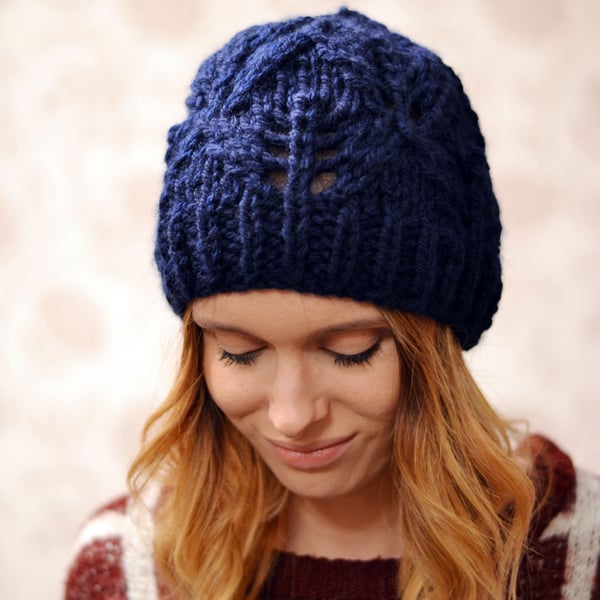 Hat Navy Womens Super Chunky Diamond Pattern Knitted Beanie Hat 