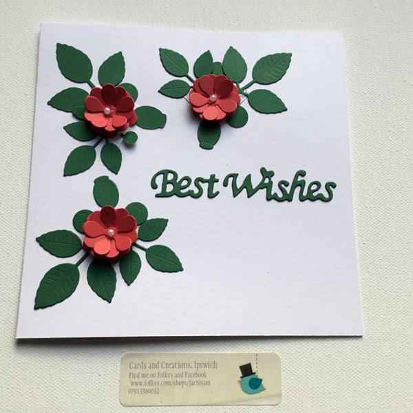 Best wishes. Handmade red roses. Any occasion card. CC675