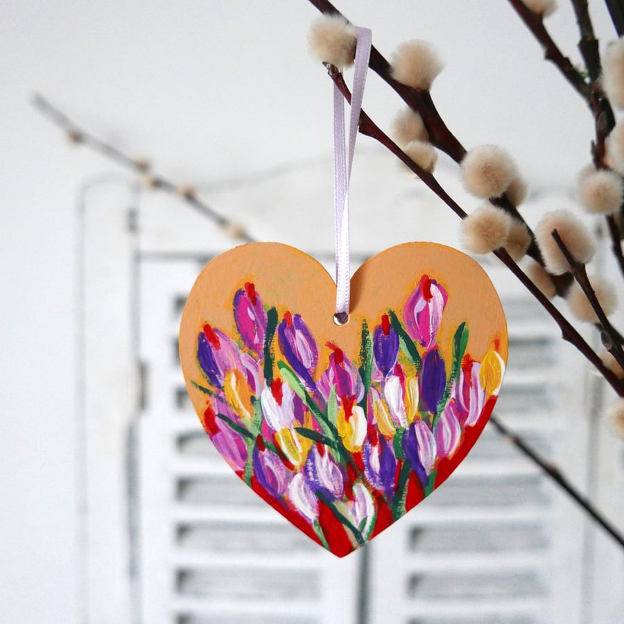Hanging Heart for Valentine's Day with Purple Crocus, Yellow Home Decoration