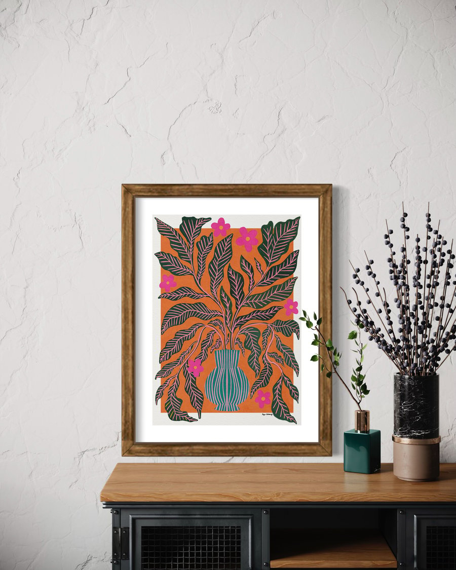 Overflowing vase Green Still Life Illustration Art Print - Pink and Orange