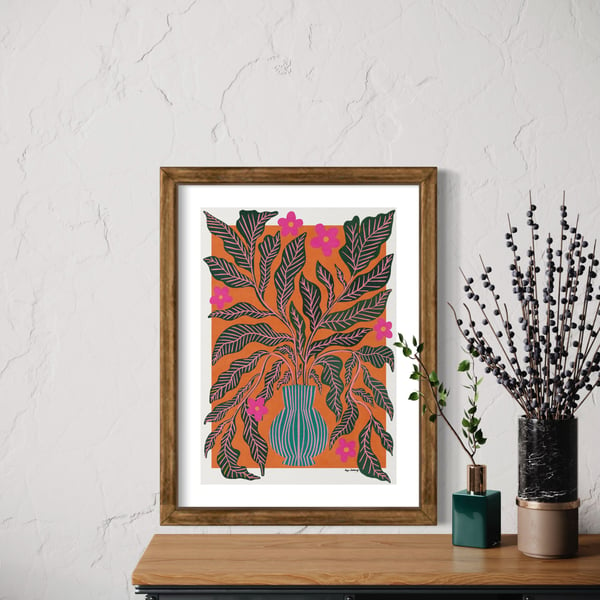 Overflowing vase Green Still Life Illustration Art Print - Pink and Orange