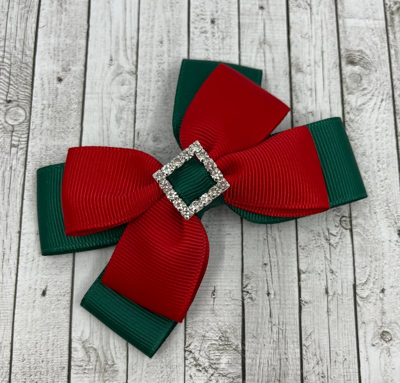 School Hunter Green and Red Double Layer Bow on Clip
