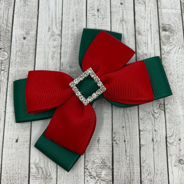 School Hunter Green and Red Double Layer Bow on Clip