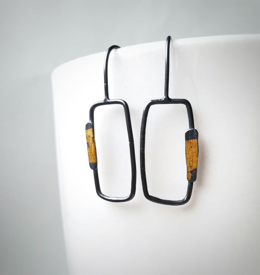 Contemporary minimal drop Silver Earrings with gold accent