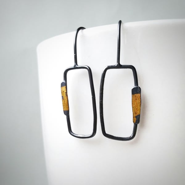 Contemporary minimal drop Silver Earrings with gold accent