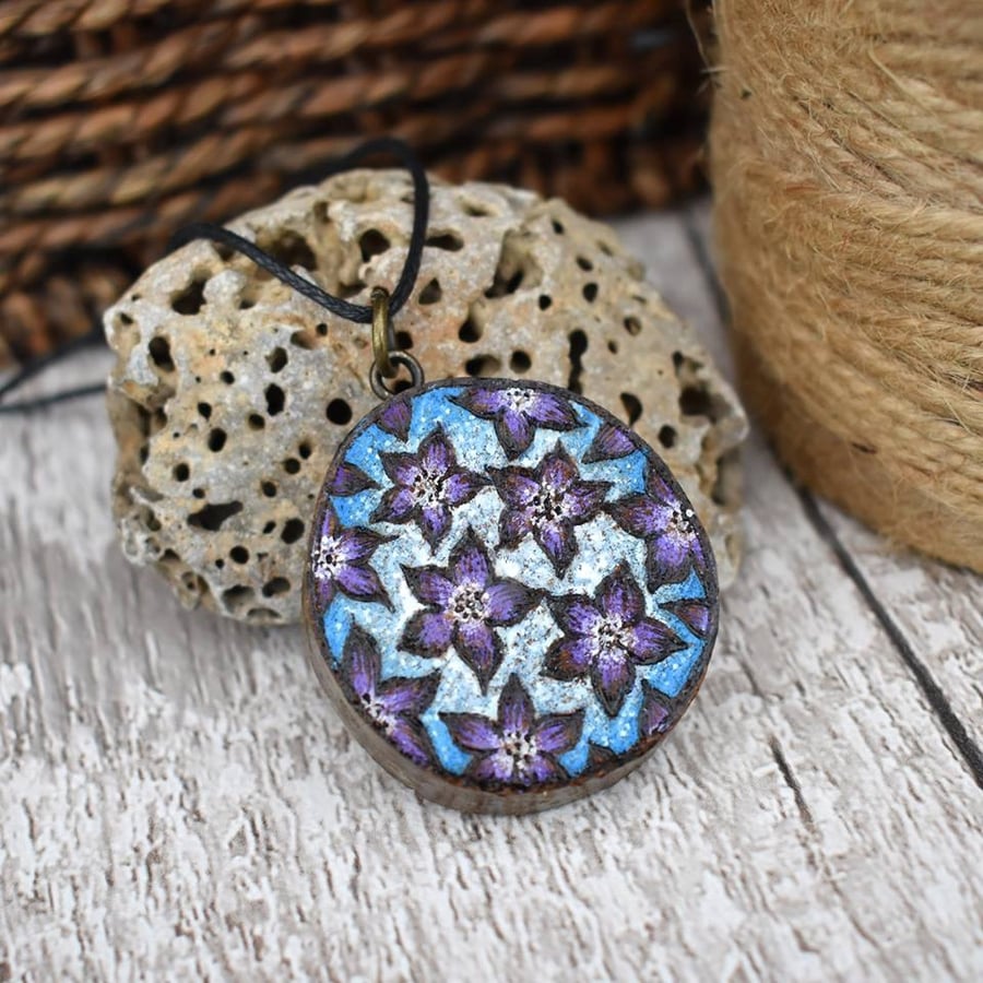 24hr SALE Chunky pyrography flower pendant, rustic branch slice necklace. 