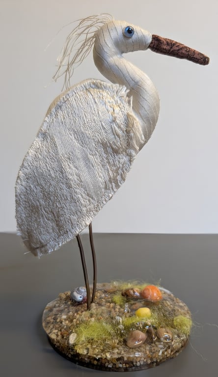 Quirky Egret inspired bird soft sculpture ornament decoration 