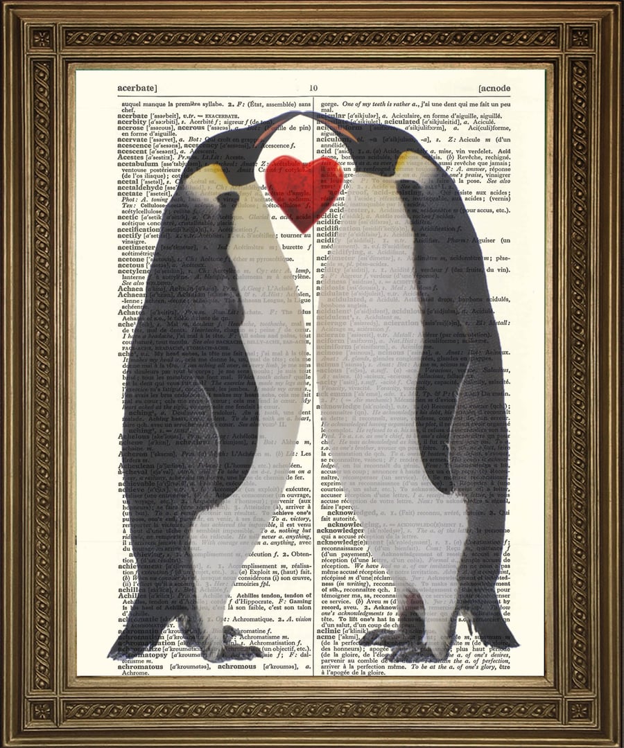Two Penguins Art: Dictionary Print Love Birds Wallhanging