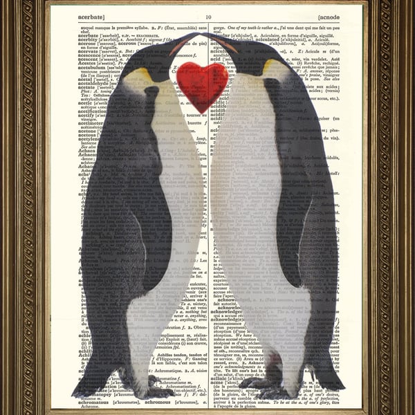 Two Penguins Art: Dictionary Print Love Birds Wallhanging