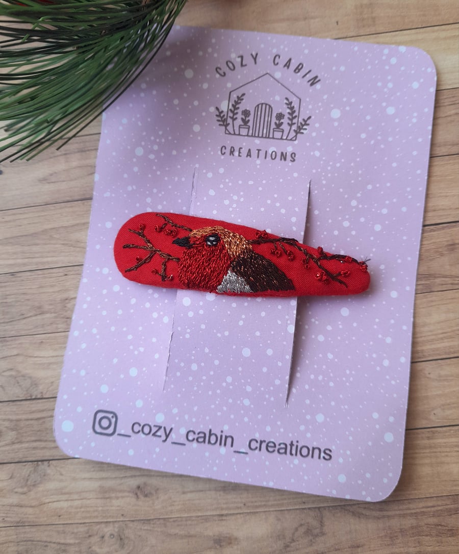 Hand Embroidered Robin Hair Slide