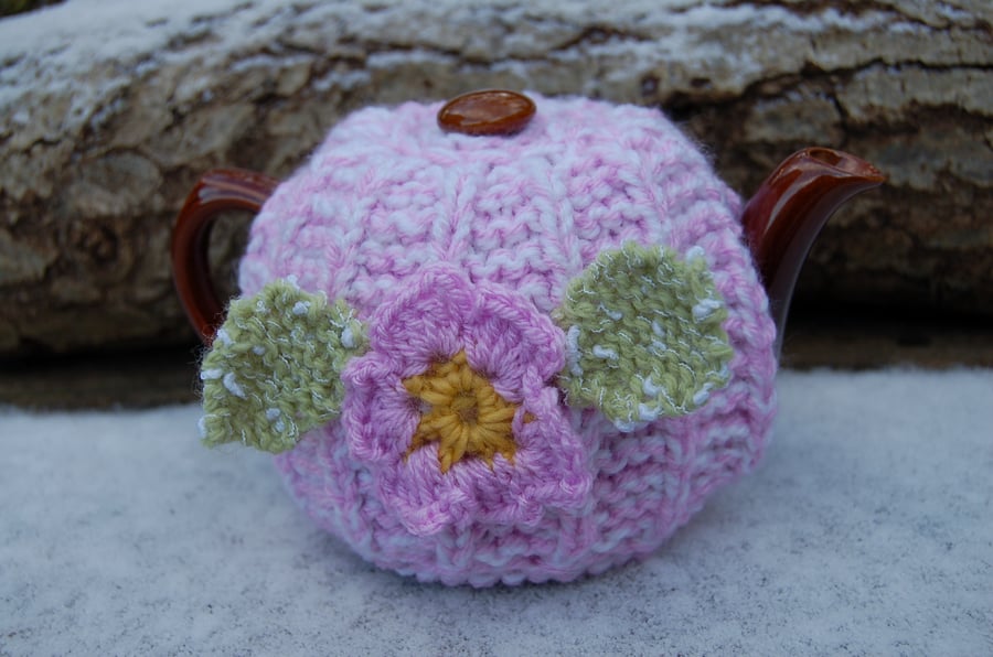 Rambling rose tea cosy - hand knitted, to fit a small tea for one or two teapot