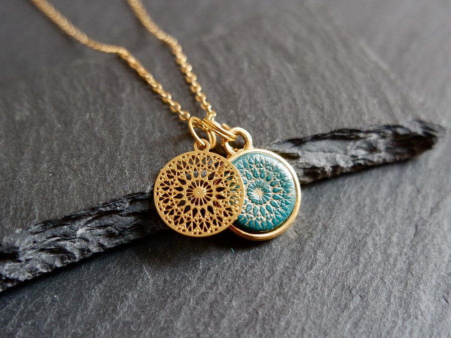 Necklace - Mandala gold turquoise Vermeil 925 Silver gold plate