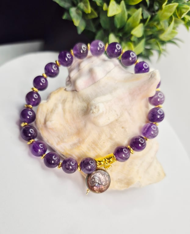 Amethyst & Gold Stretch Bracelet with Metallic Freshwater Coin Pearl