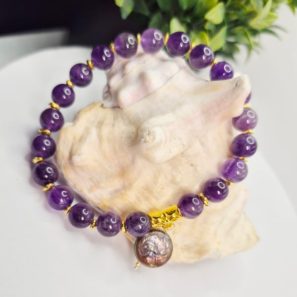 Amethyst & Gold Stretch Bracelet with Metallic Freshwater Coin Pearl