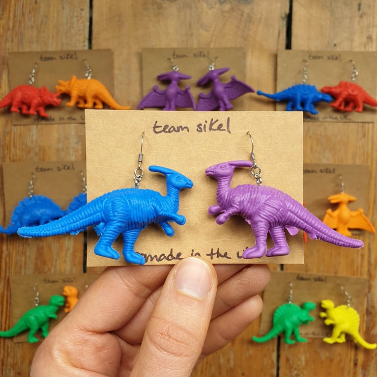 Purple and Blue Parasaurolophus Soft Plastic Dinosaur Earrings - Upcycled Toys