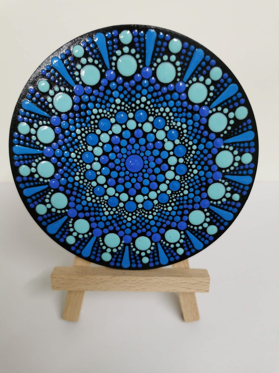 Hand painted blue and turquoise mandala coaster