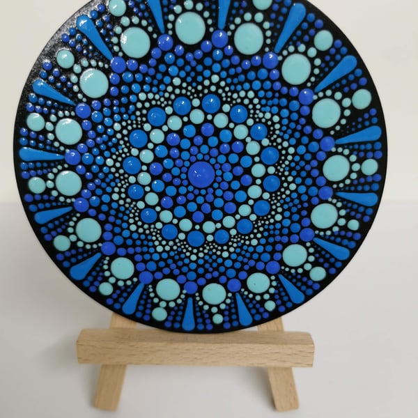 Hand painted blue and turquoise mandala coaster