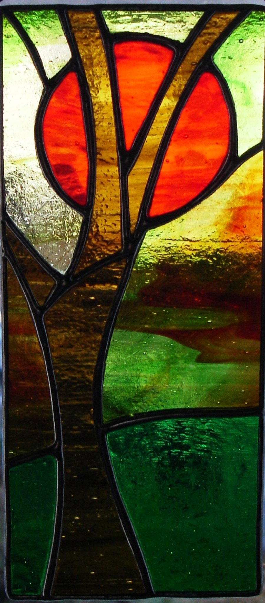SUNSET THROUGH THE TREES - STAINED GLASS PANEL