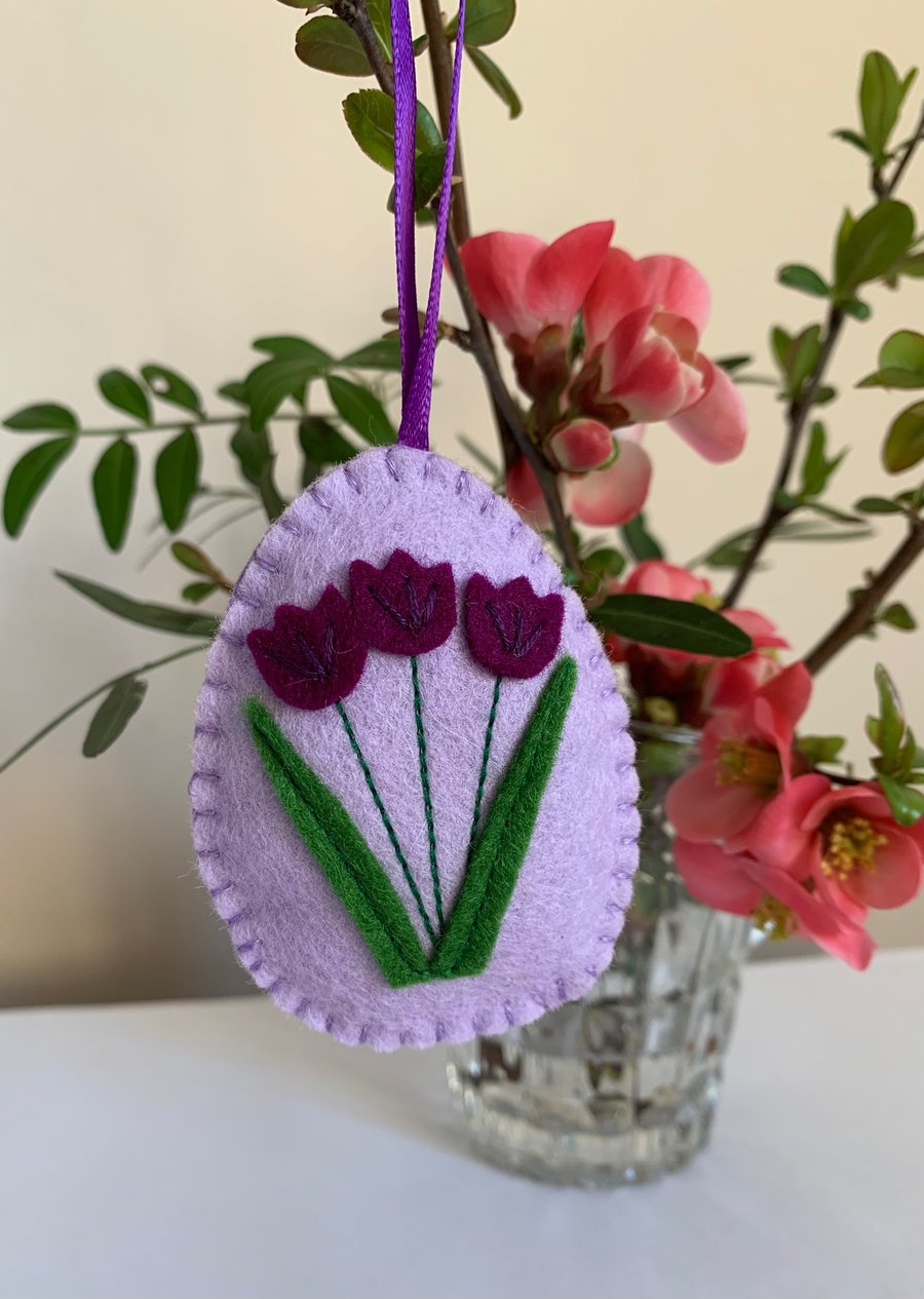 Easter decoration. Purple tulip flowers. Wool felt. Handmade.