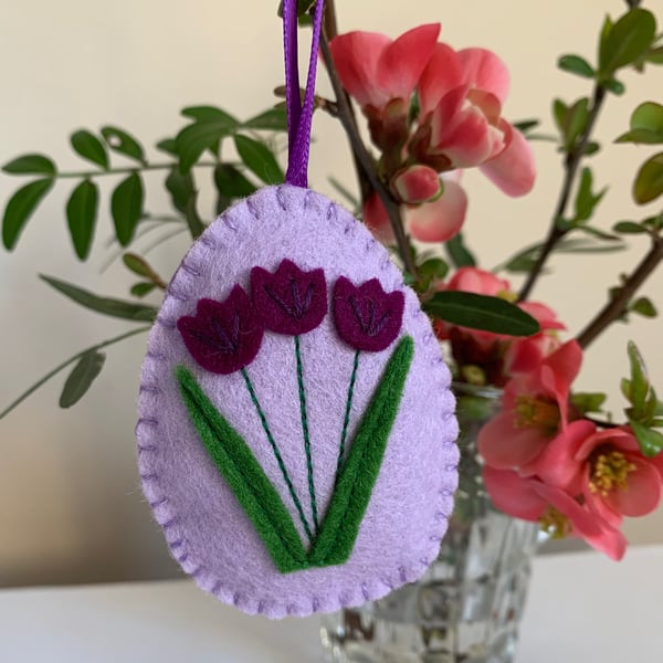 Easter decoration. Purple tulip flowers. Wool felt. Handmade.