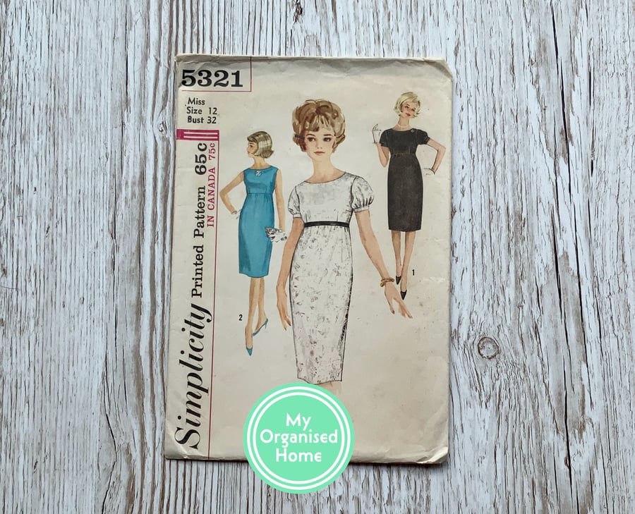 Vintage sewing pattern - Simplicity 5321 Size 12, 34" bust (1963) MISSING SLEEVE