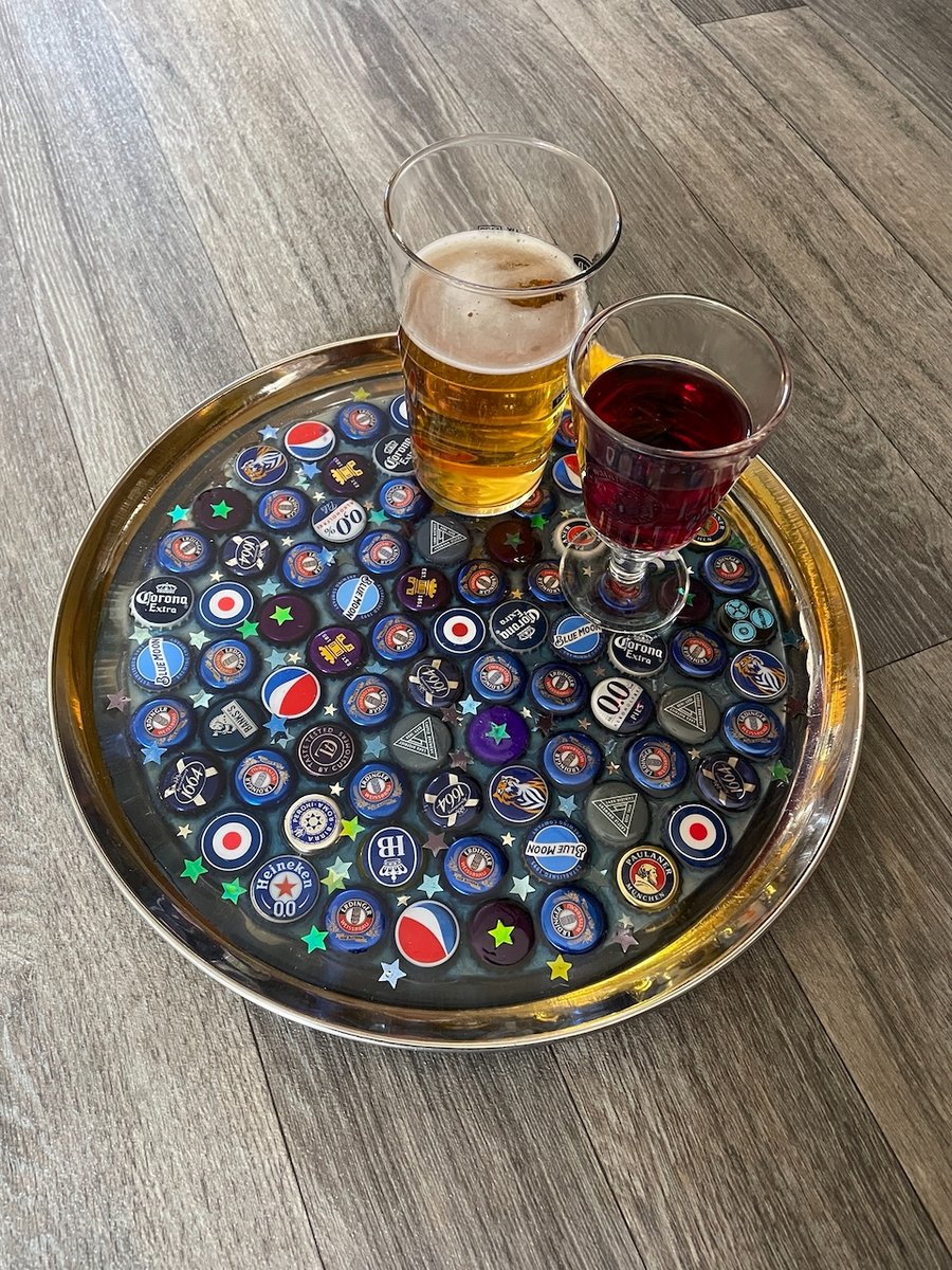 Blue Bottle Cap Round Metal Tray