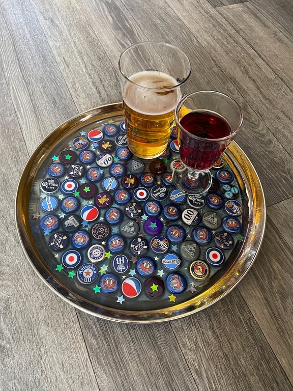 Blue Bottle Cap Round Metal Tray