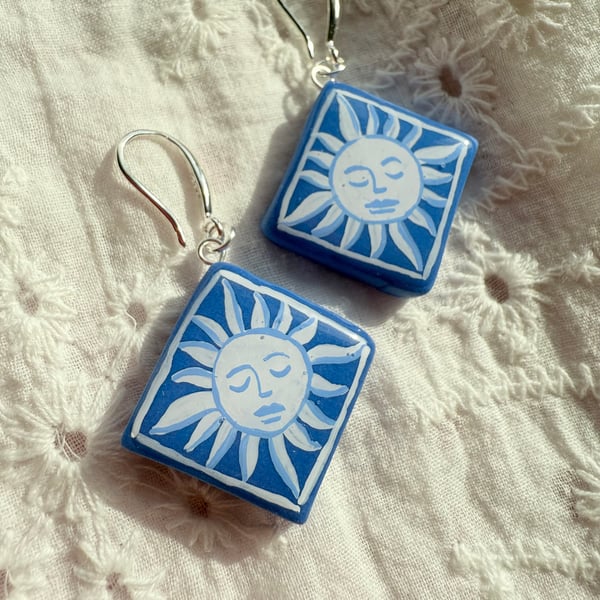 Blue Sun Face Earrings – Hand Painted Portuguese Tile Inspired Earrings