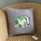 Handprinted & appliquéd cushion Woodland Badger
