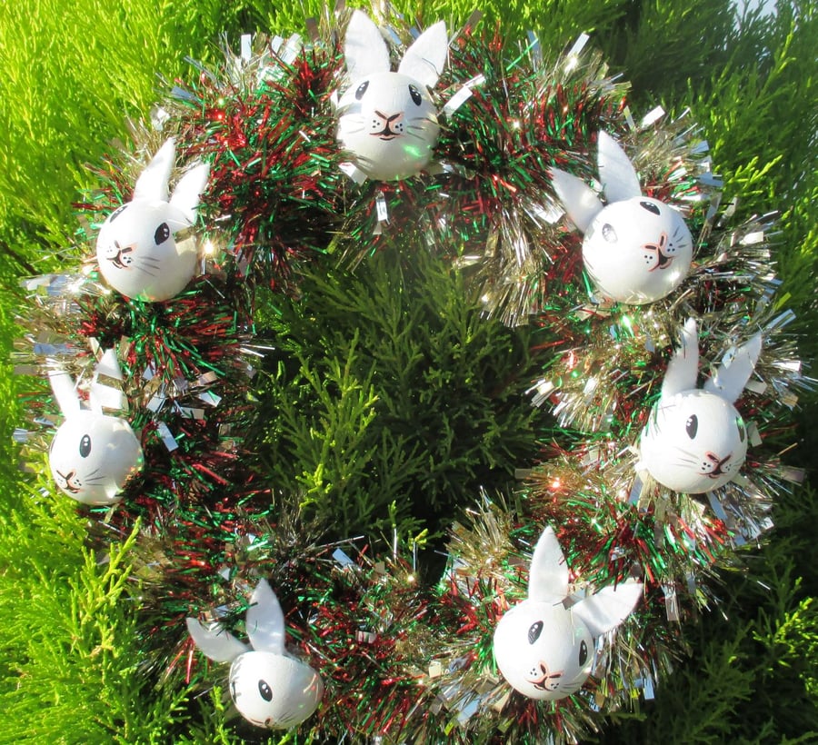 Christmas Wreath Tinsel with Bunny Rabbit Hand Painted Bauble Heads Red White