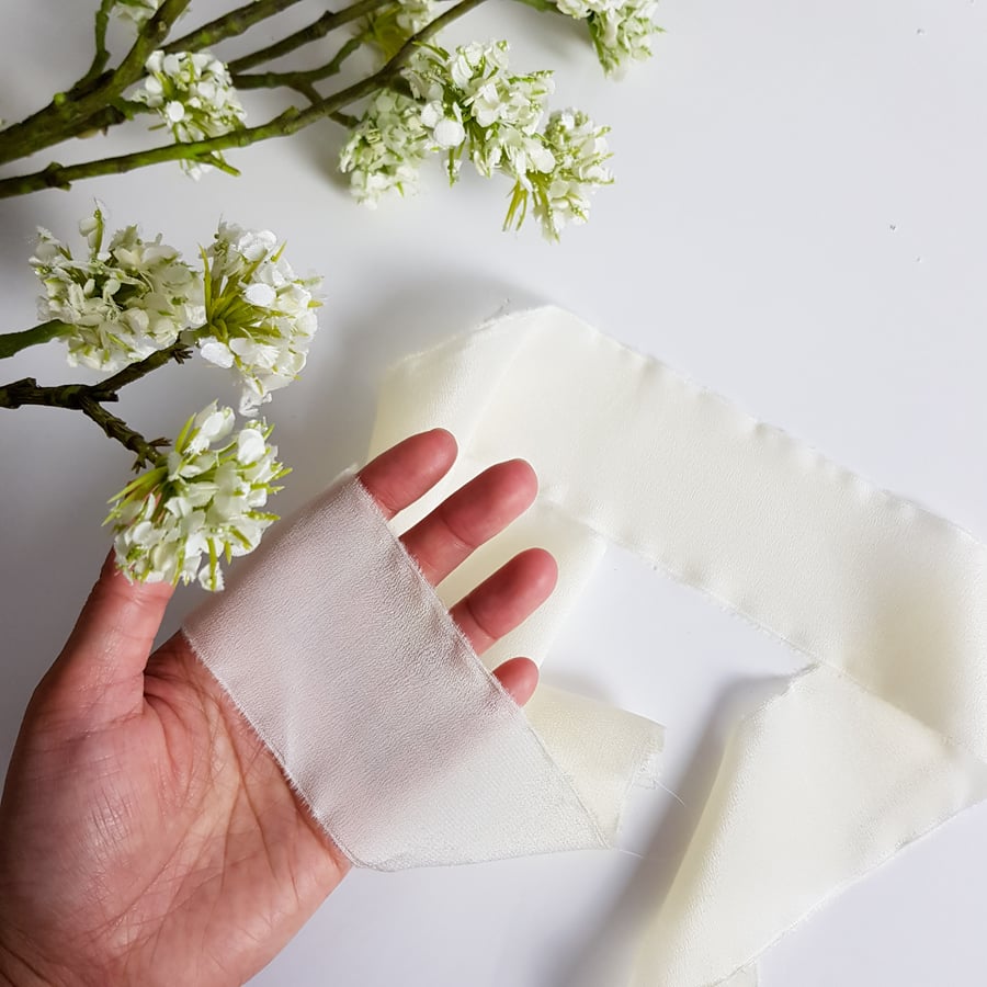 Vanilla cream 100% silk crepe de chine ribbon with raw edge