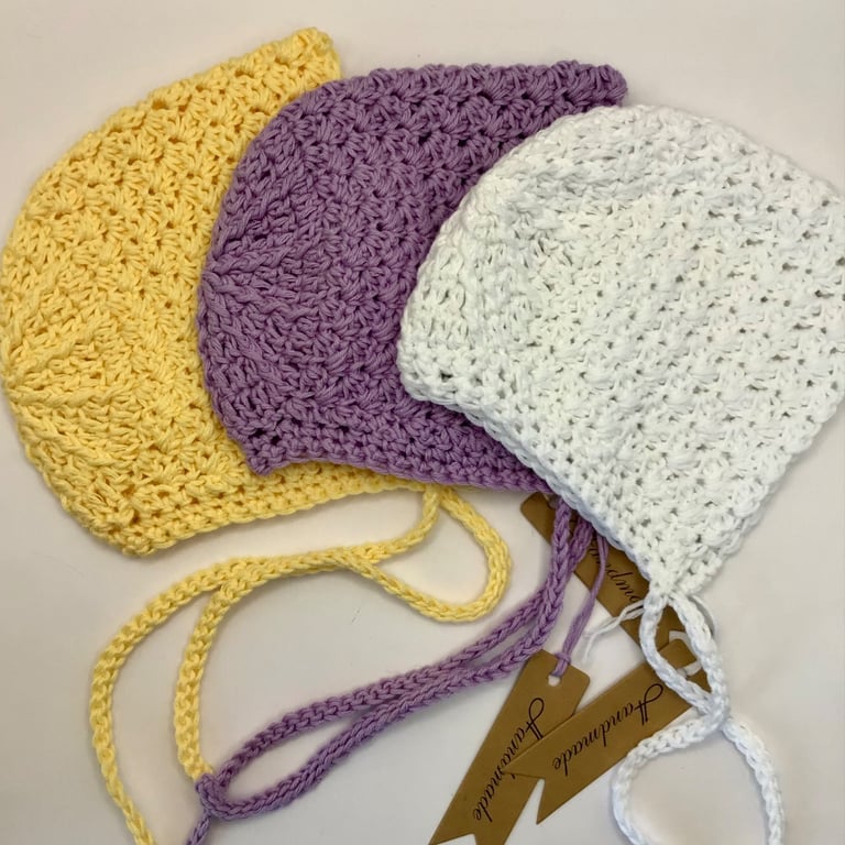 Traditional Style Baby Bonnets 100% Soft Egyptian Cotton Newborn Set of Three