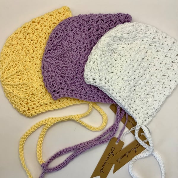 Traditional Style Baby Bonnets 100% Soft Egyptian Cotton Newborn Set of Three